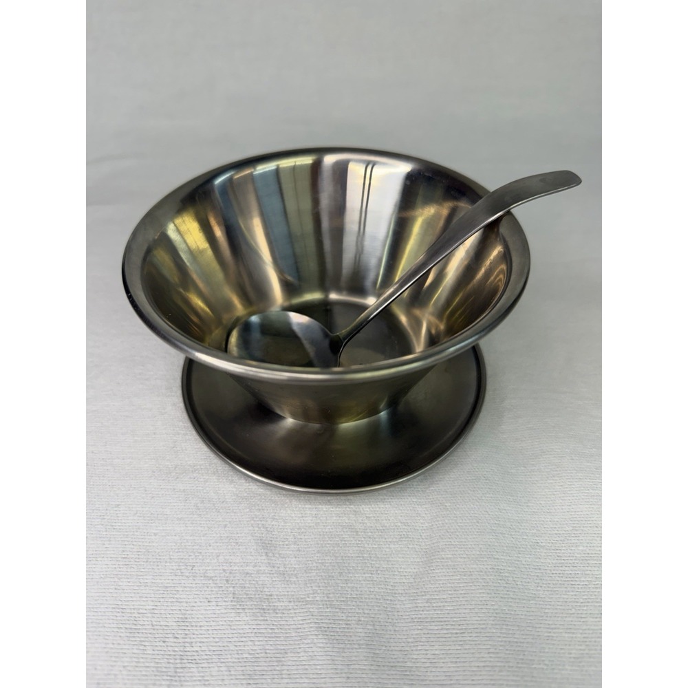 Vintage MCM Leonard Stainless Steel Gravy Boat Sauce Bowl With Ladle Japan
